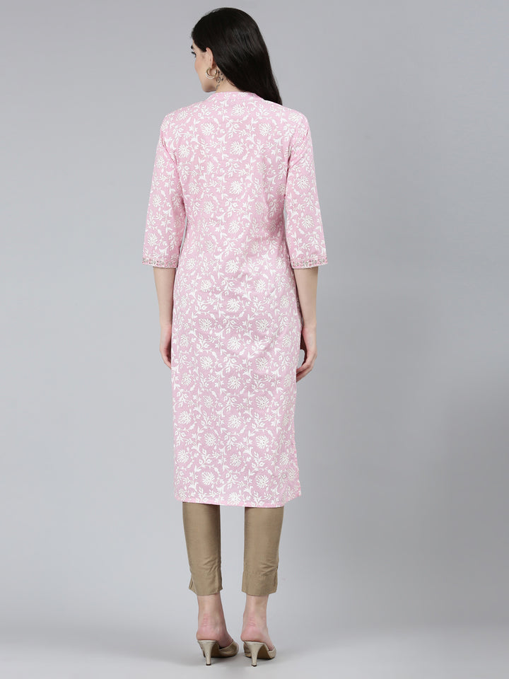 Neerus Pink Regular Straight Floral Kurtas