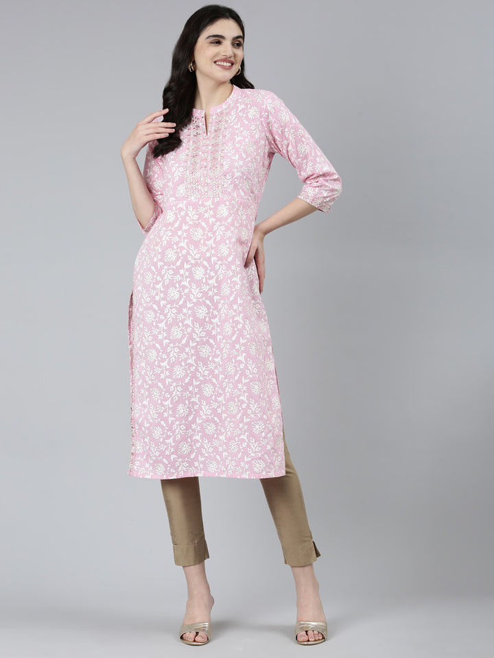 Neerus Pink Regular Straight Floral Kurtas