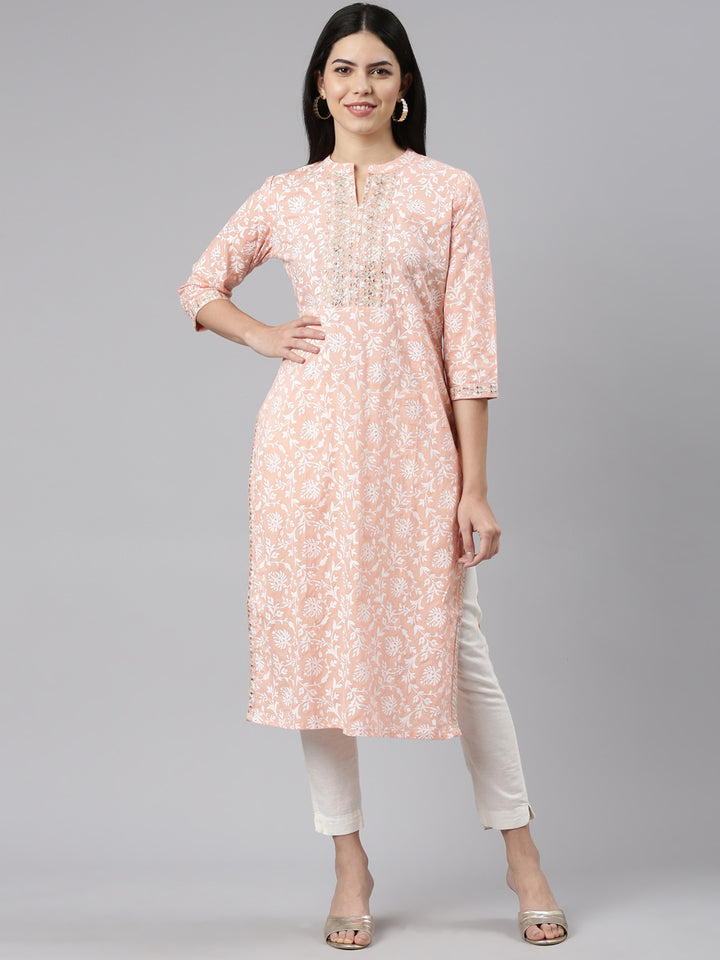 Neerus Peach Regular Straight Printed Kurtas