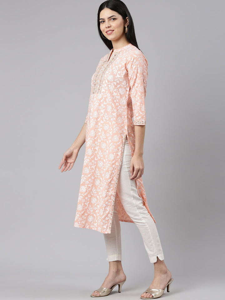 Neerus Peach Regular Straight Printed Kurtas