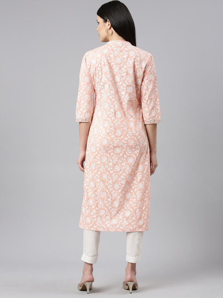Neerus Peach Regular Straight Printed Kurtas