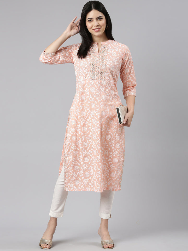 Neerus Peach Regular Straight Printed Kurtas