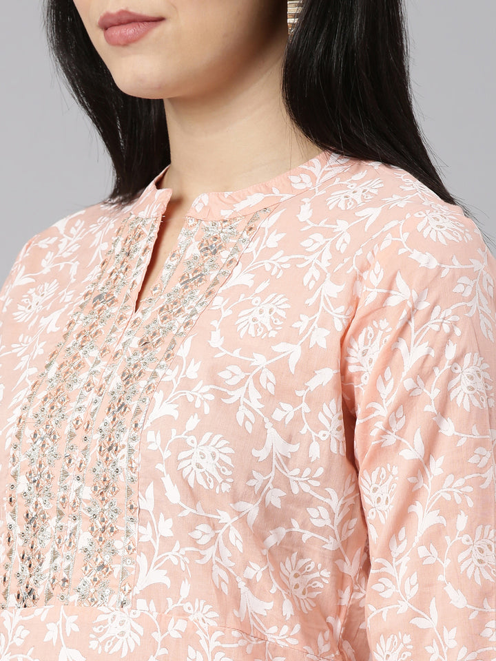 Neerus Peach Regular Straight Printed Kurtas