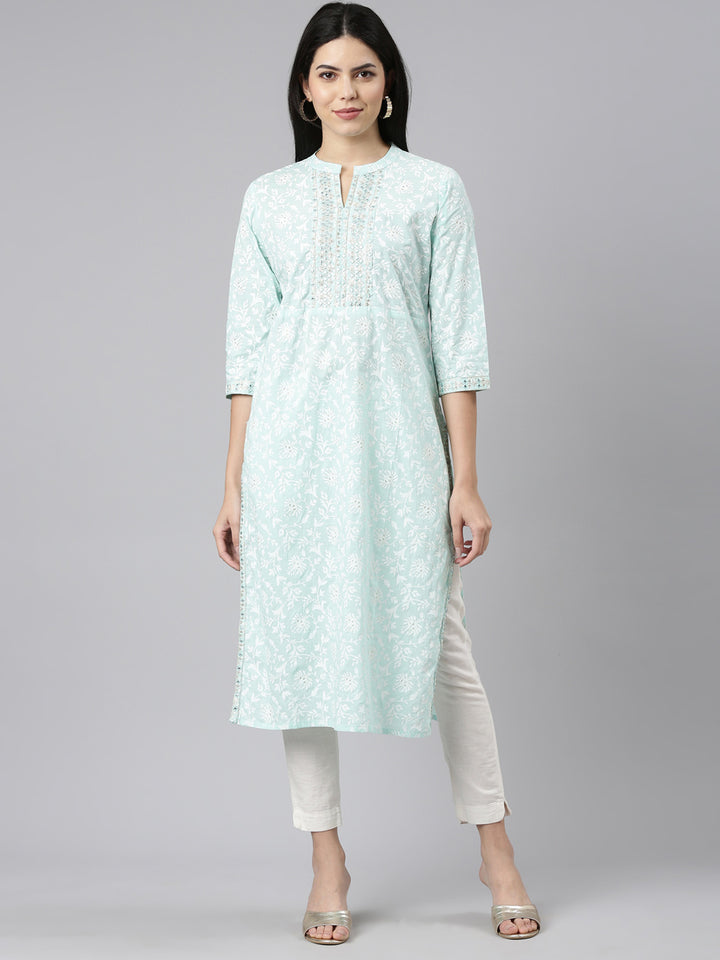 Neerus Green cotton printed straight kurti - front view