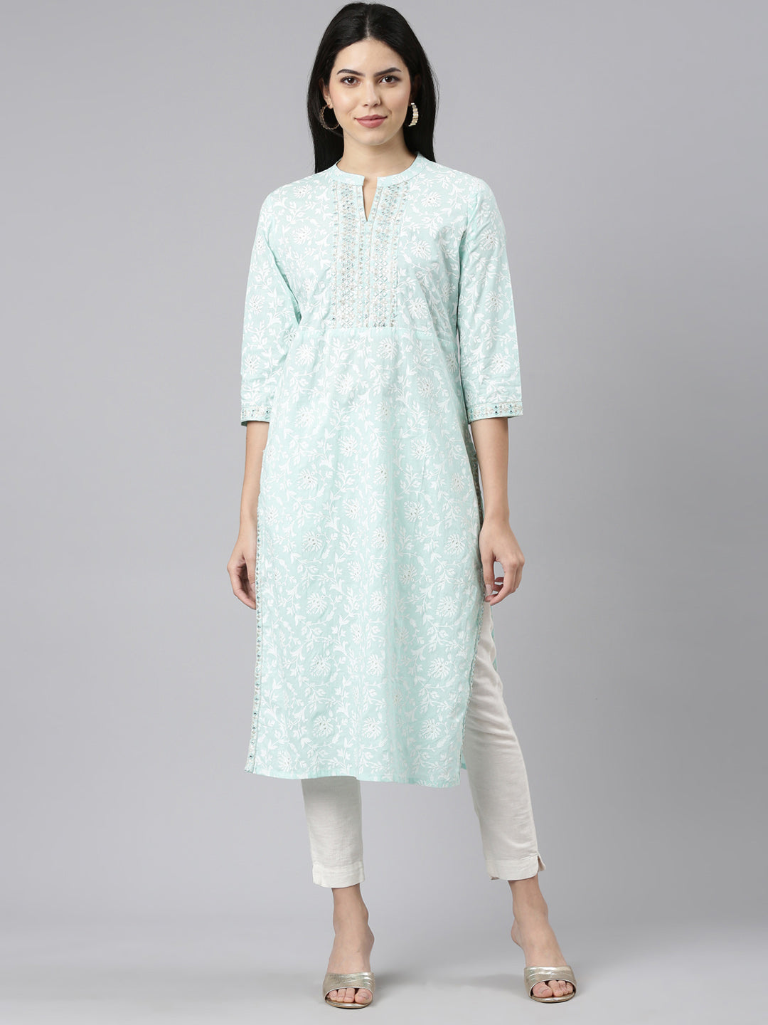 Neerus Sea Green Regular Straight Printed Kurtas