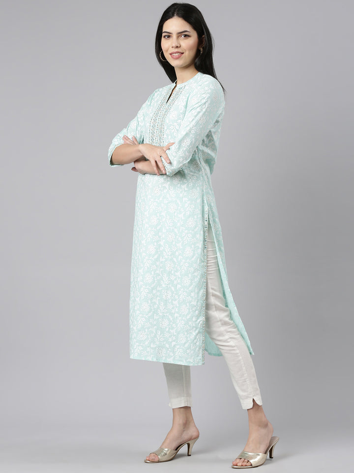 Neerus Green cotton printed straight kurti - back view