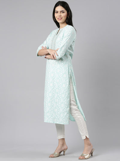 Neerus Sea Green Regular Straight Printed Kurtas