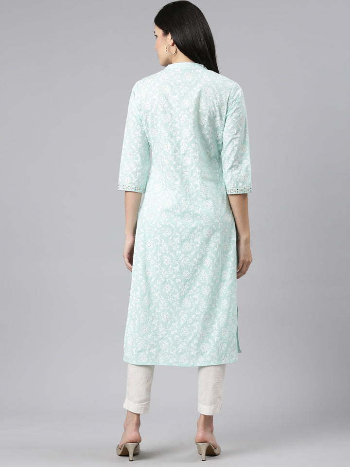 Neerus Green cotton printed straight kurti - side view