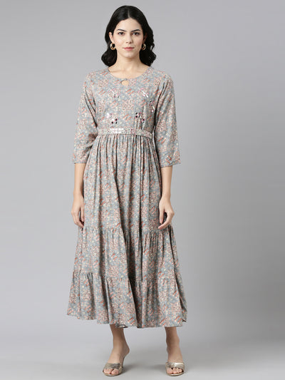 Neerus Grey Pleated Anarkali Printed Kurtas