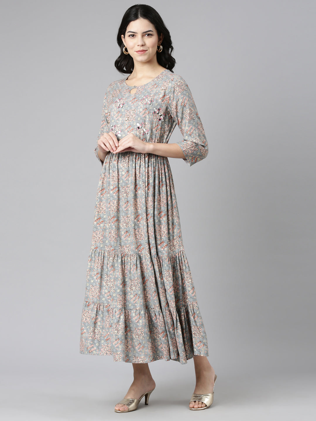 Neerus Grey Pleated Anarkali Printed Kurtas