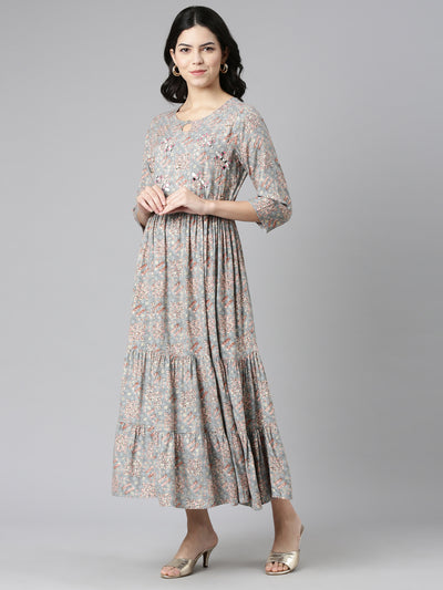 Neerus Grey Pleated Anarkali Printed Kurtas