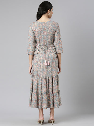 Neerus Grey Pleated Anarkali Printed Kurtas