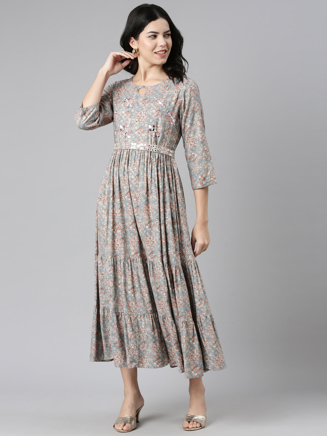 Neerus Grey Pleated Anarkali Printed Kurtas