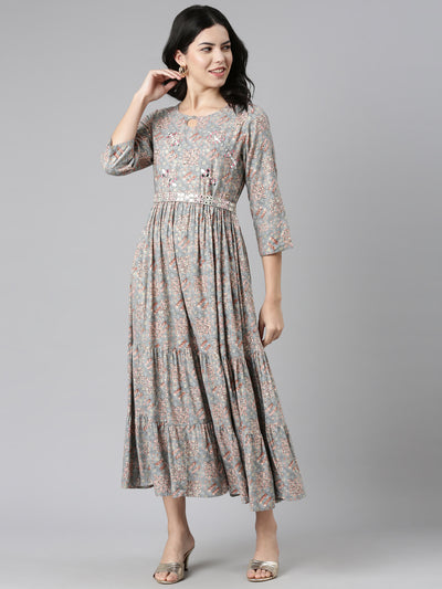 Neerus Grey Pleated Anarkali Printed Kurtas