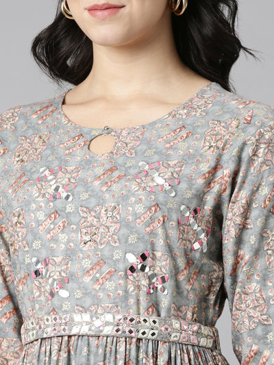 Neerus Grey Pleated Anarkali Printed Kurtas