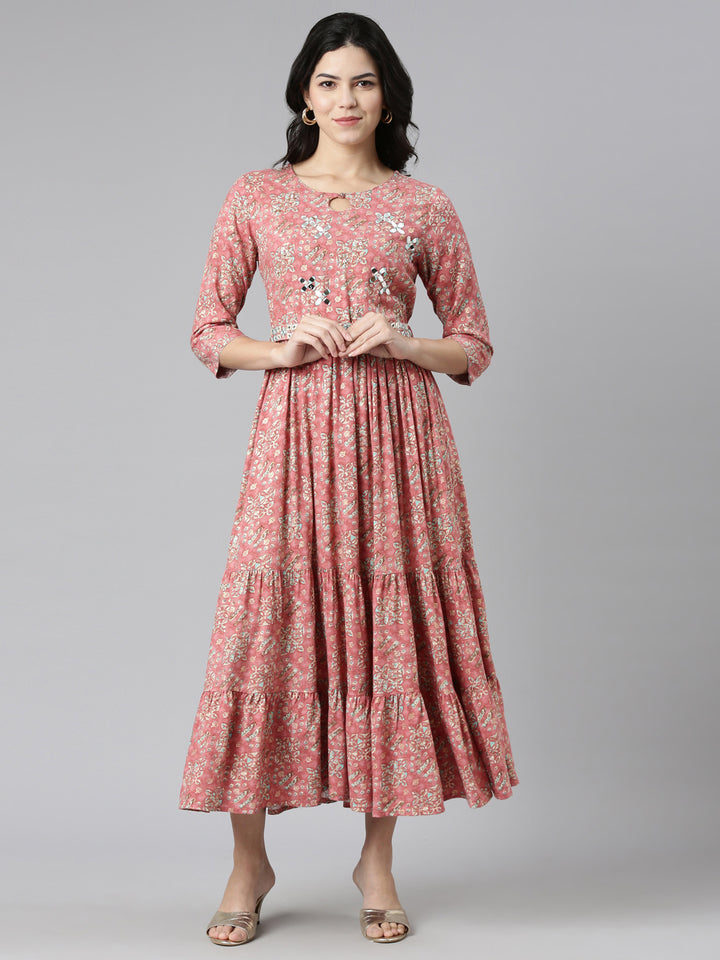 Neerus Pink printed anarkali kurti - front view