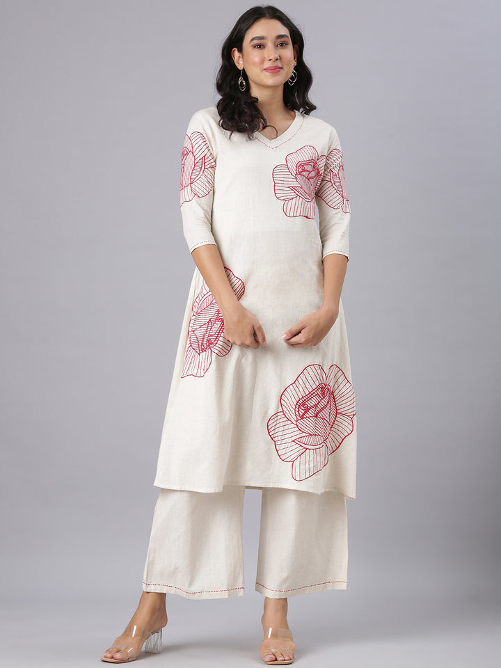 Neerus Red Embroidered Straight Kurta And Palazzos
