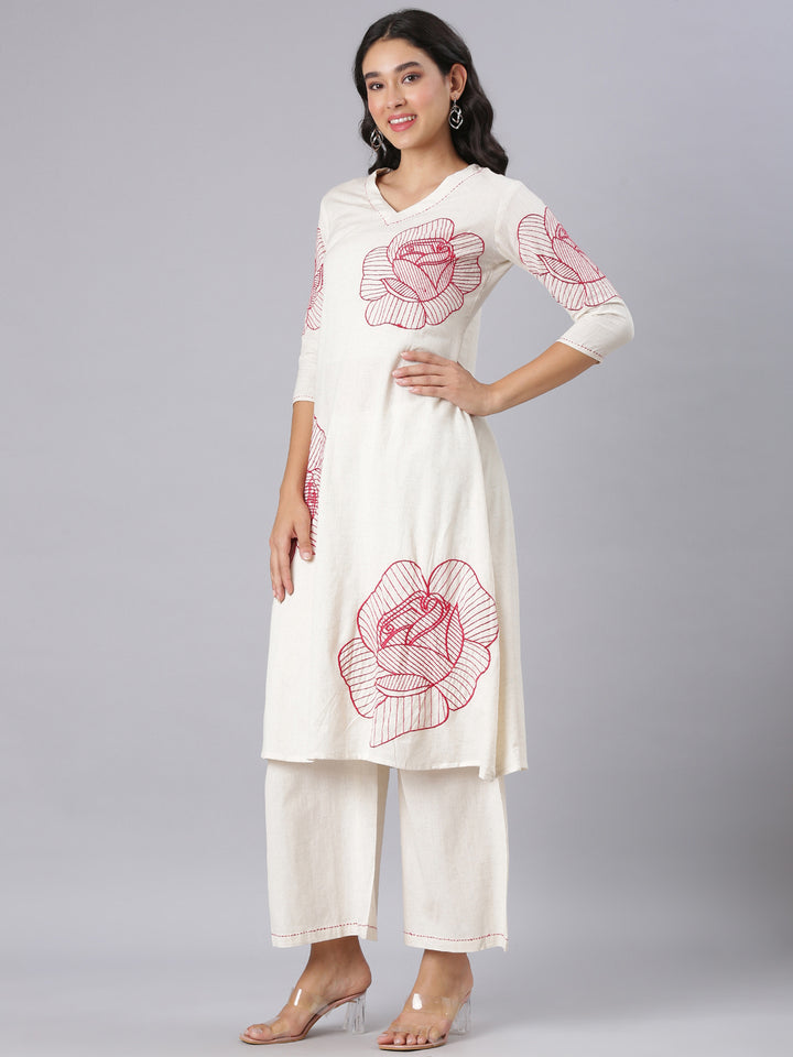 Neerus Red Embroidered Straight Kurta And Palazzos