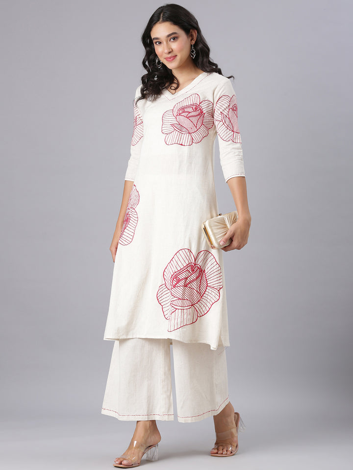 Neerus Red Embroidered Straight Kurta And Palazzos