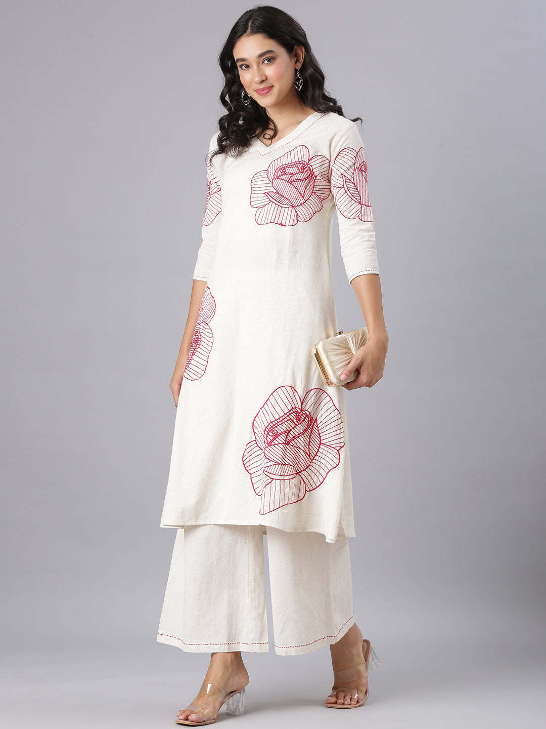 Neerus Red Embroidered Straight Kurta And Palazzos