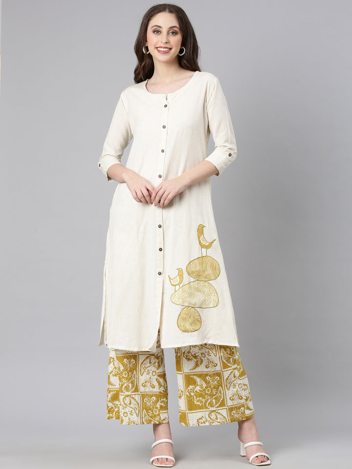 Neerus Off white Solid Straight Kurta and Palazzos