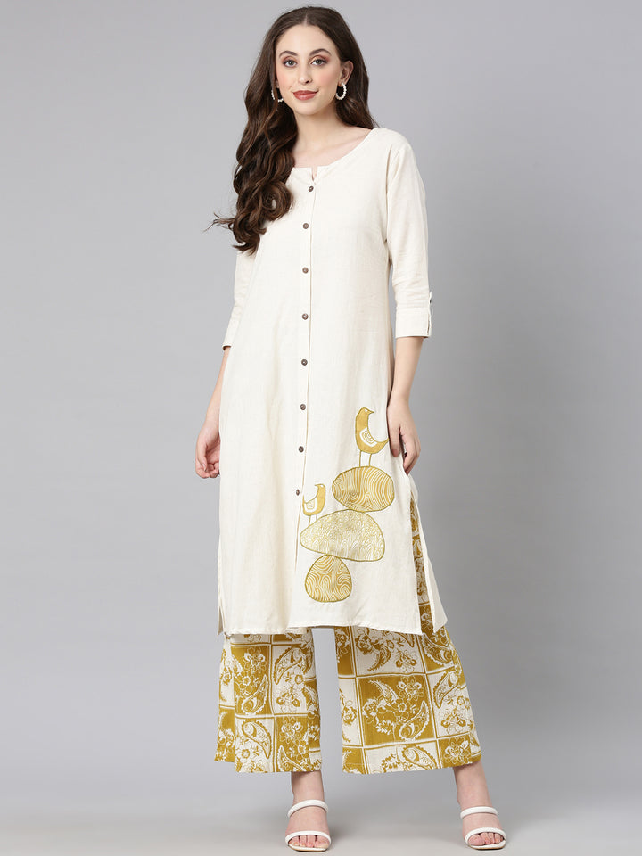 Neerus Off white Solid Straight Kurta and Palazzos