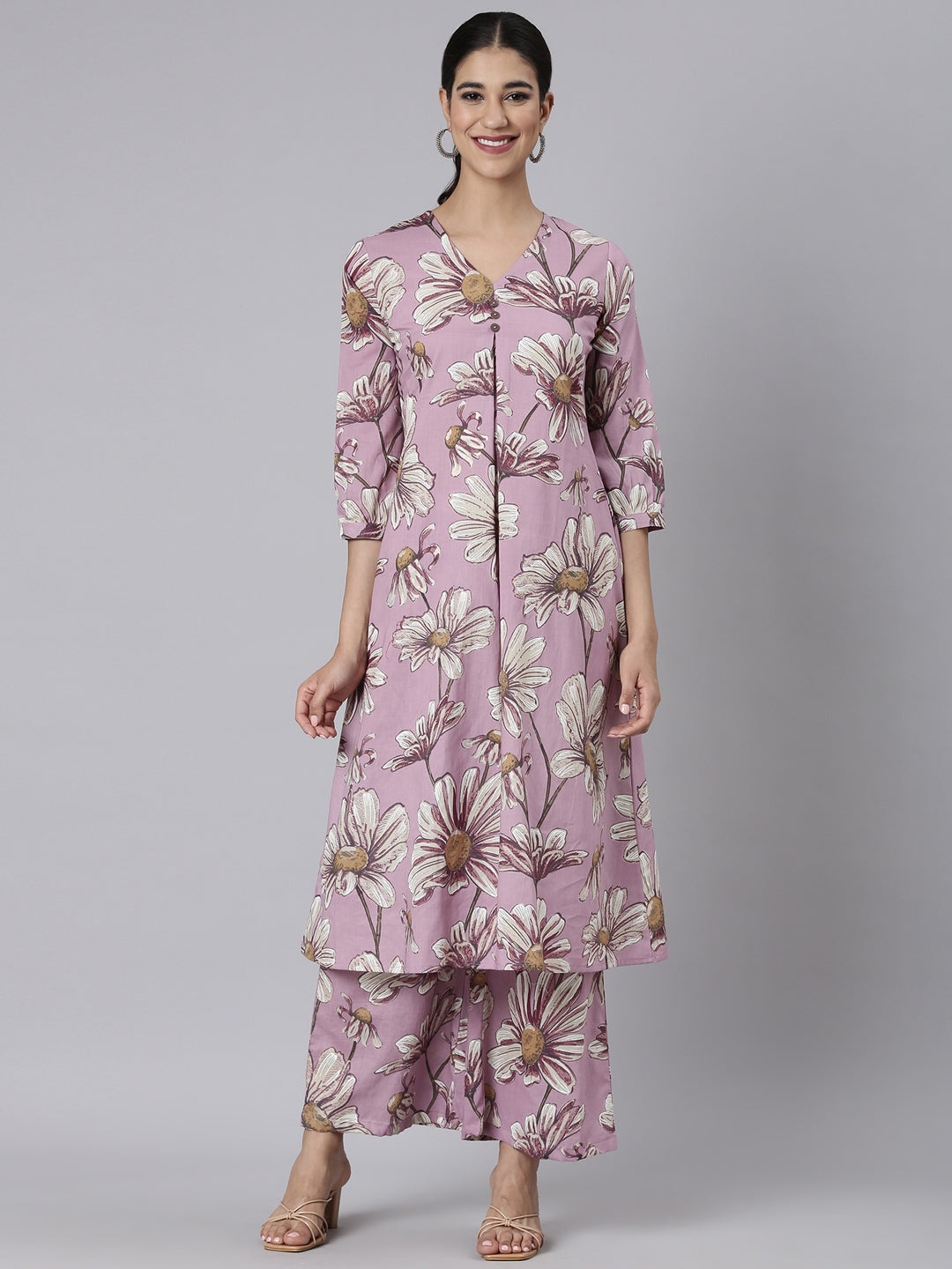 Neerus Lavender Printed Straight Kurta and Palazzos