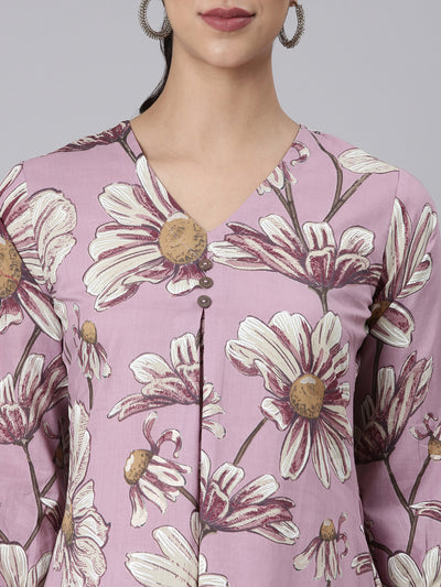 Neerus Lavender Printed Straight Kurta and Palazzos