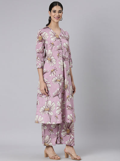 Neerus Lavender Printed Straight Kurta and Palazzos