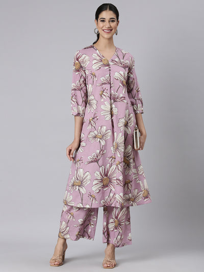 Neerus Lavender Printed Straight Kurta and Palazzos