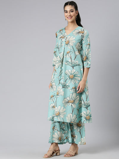 Neerus Green Printed Straight Kurta and Palazzos