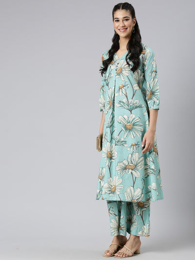 Neerus Green Printed Straight Kurta and Palazzos
