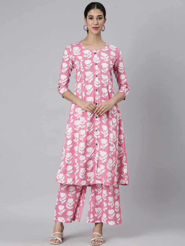 Neerus Pink Printed Straight Kurta and Palazzos