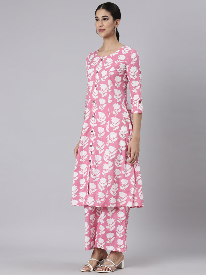 Neerus Pink Printed Straight Kurta and Palazzos
