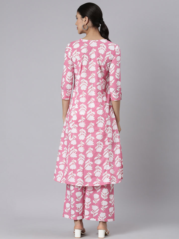 Neerus Pink Printed Straight Kurta and Palazzos