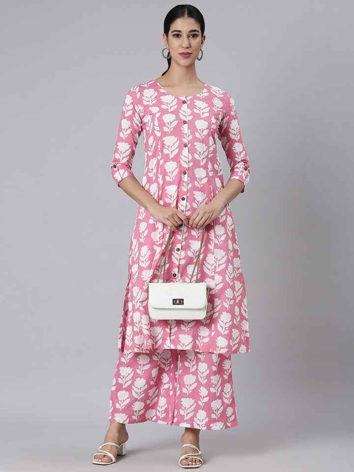 Neerus Pink Printed Straight Kurta and Palazzos