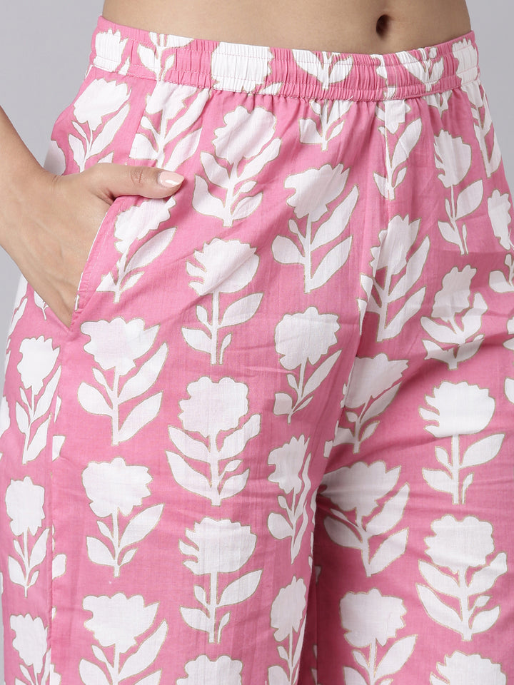 Neerus Pink Printed Straight Kurta and Palazzos