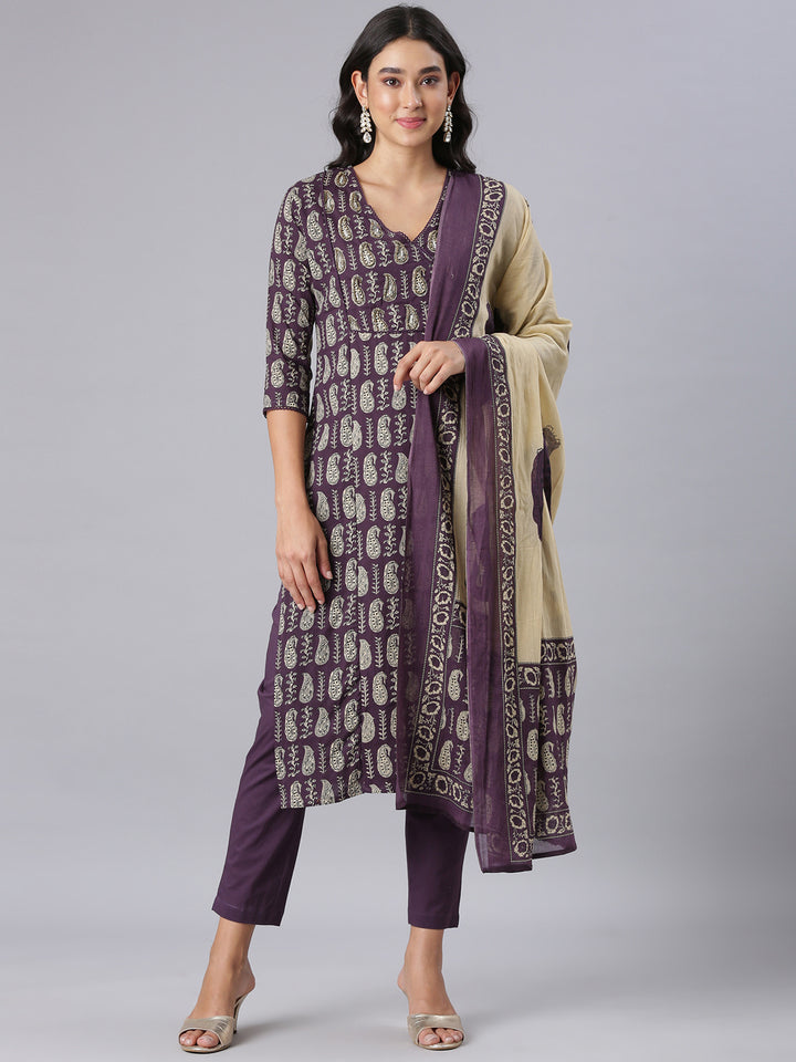 Neerus Purple Printed Straight Kurta And Trousers With Dupatta