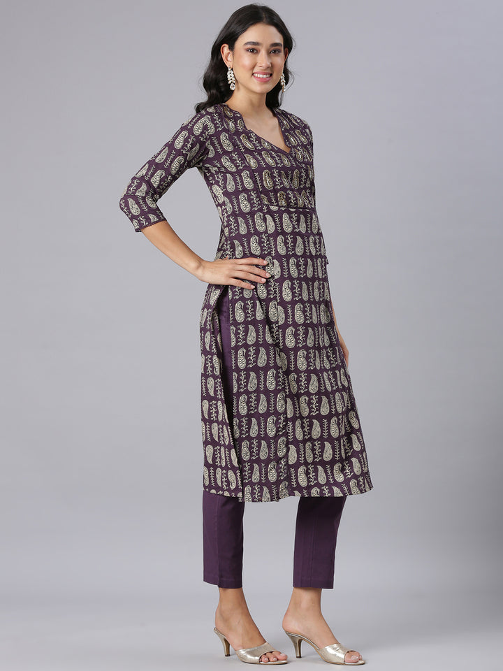 Neerus Purple Printed Straight Kurta And Trousers With Dupatta