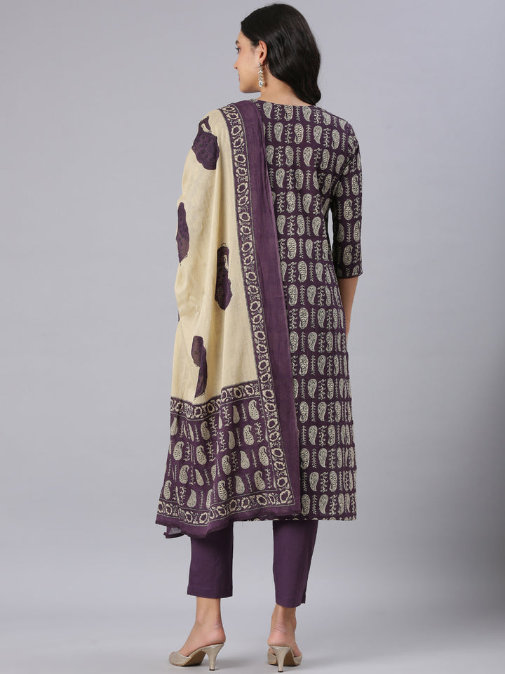 Neerus Purple Printed Straight Kurta And Trousers With Dupatta