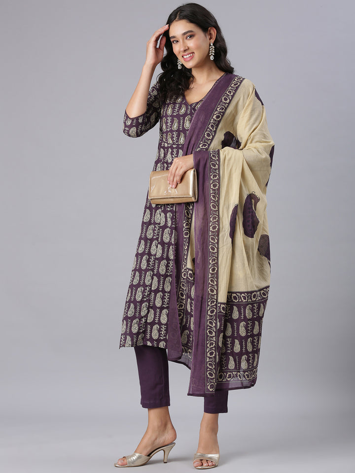 Neerus Purple Printed Straight Kurta And Trousers With Dupatta