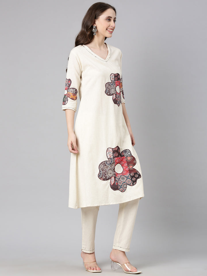 Neerus Off white Solid Straight Kurta and Trousers