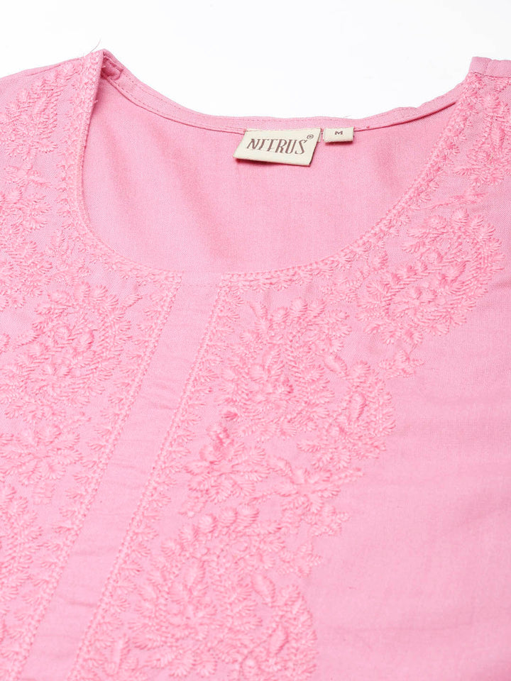 Neerus Pink rayon solid straight kurti - detail view 3