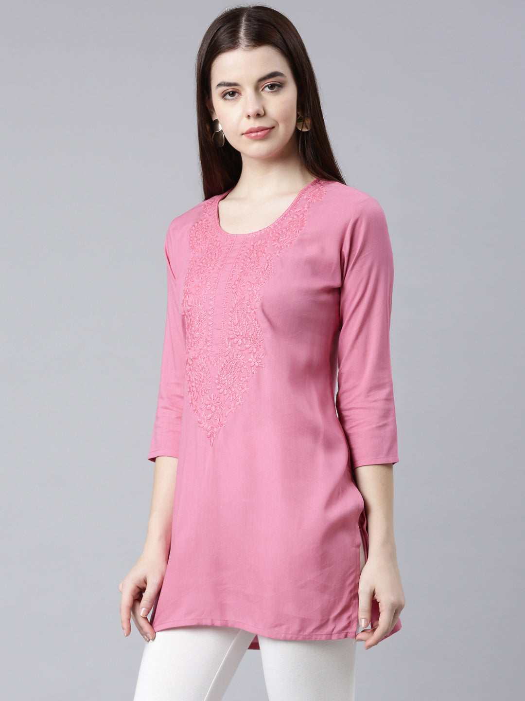 Neerus Pink rayon solid straight kurti - back view
