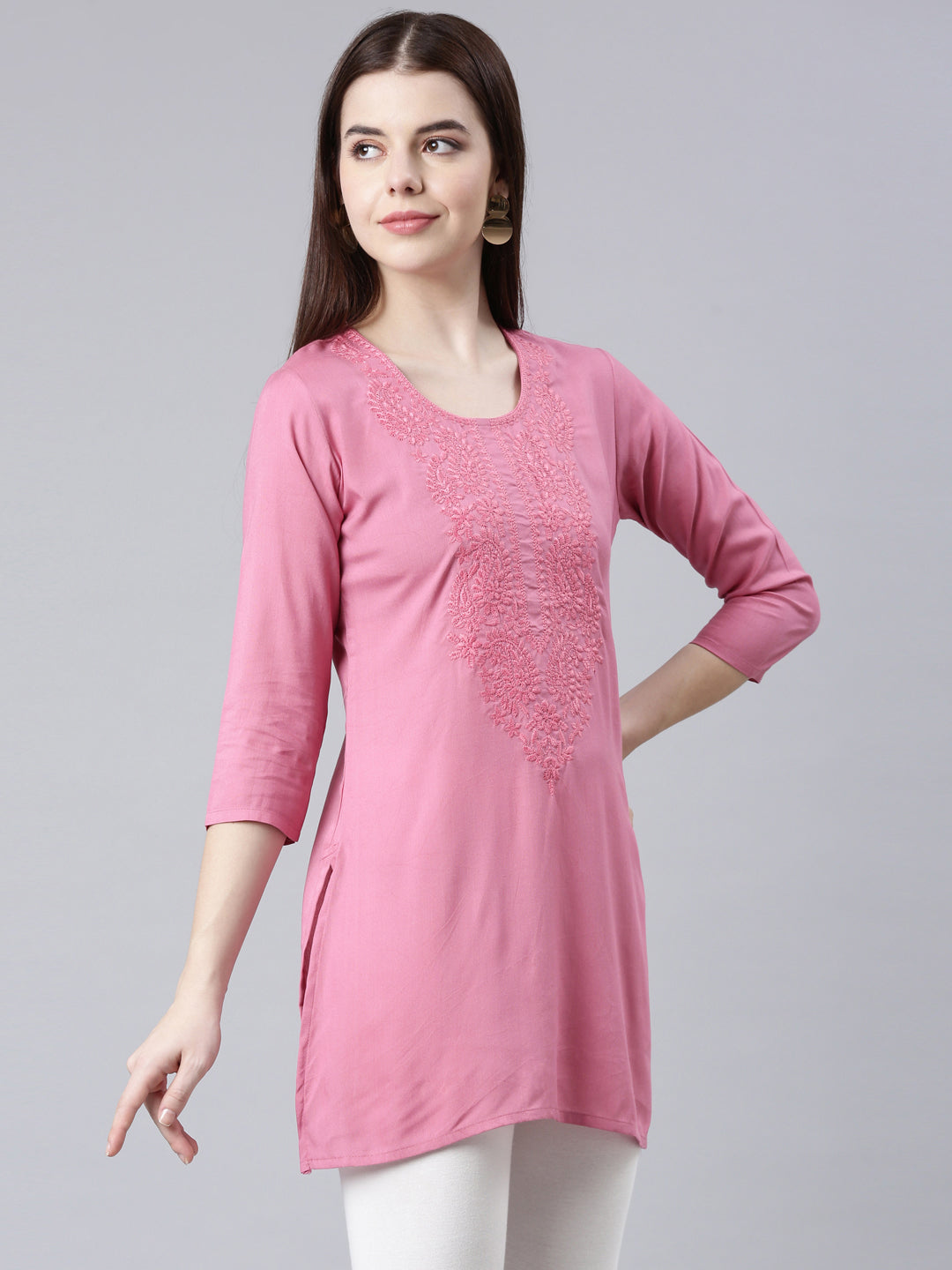 Neerus Pink rayon solid straight kurti - side view