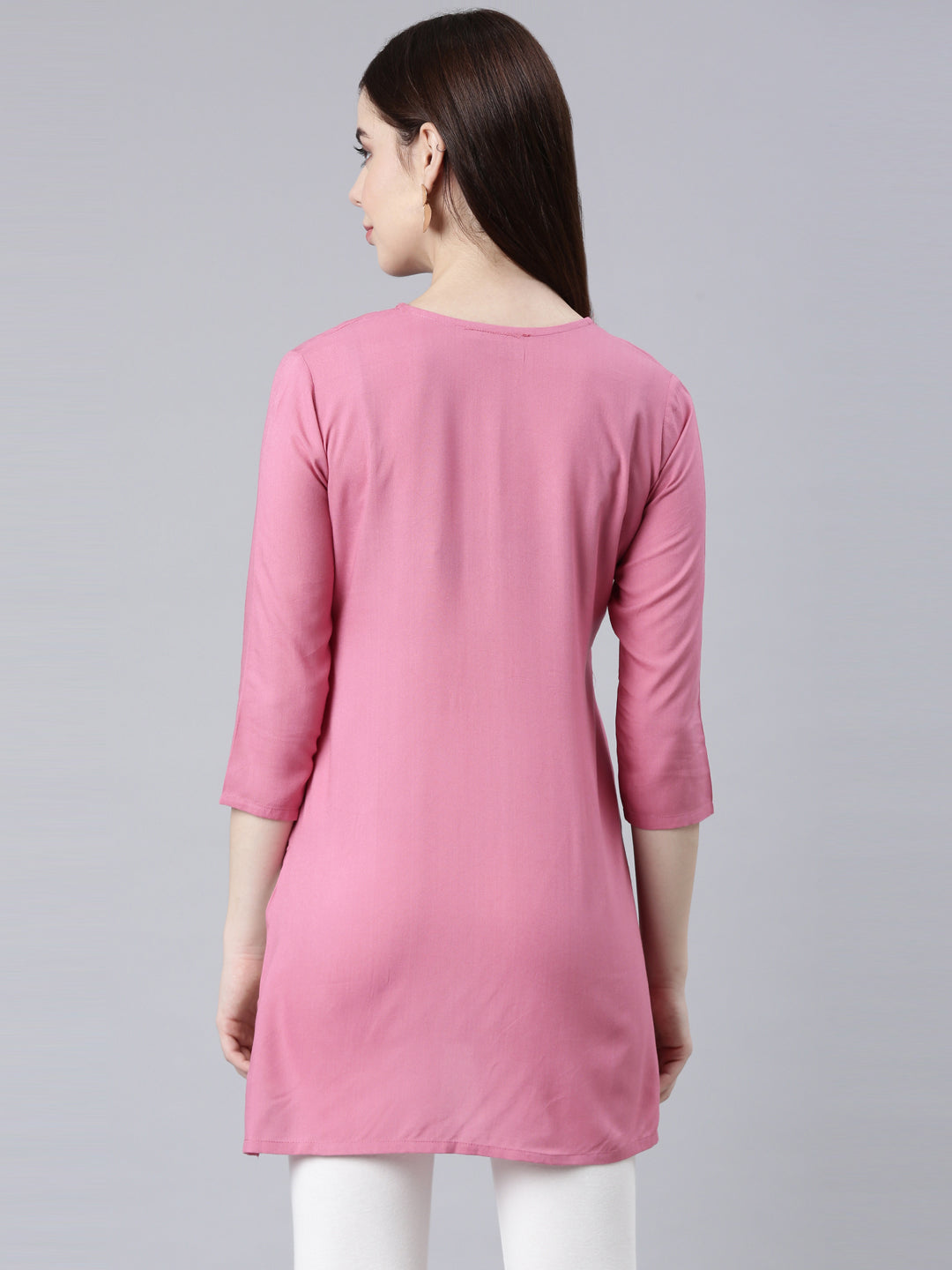 Neerus Pink rayon solid straight kurti - detail view 1
