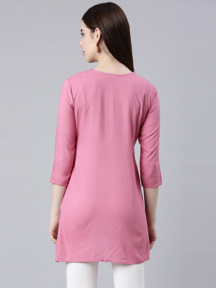 Neerus Pink rayon solid straight kurti - detail view 1