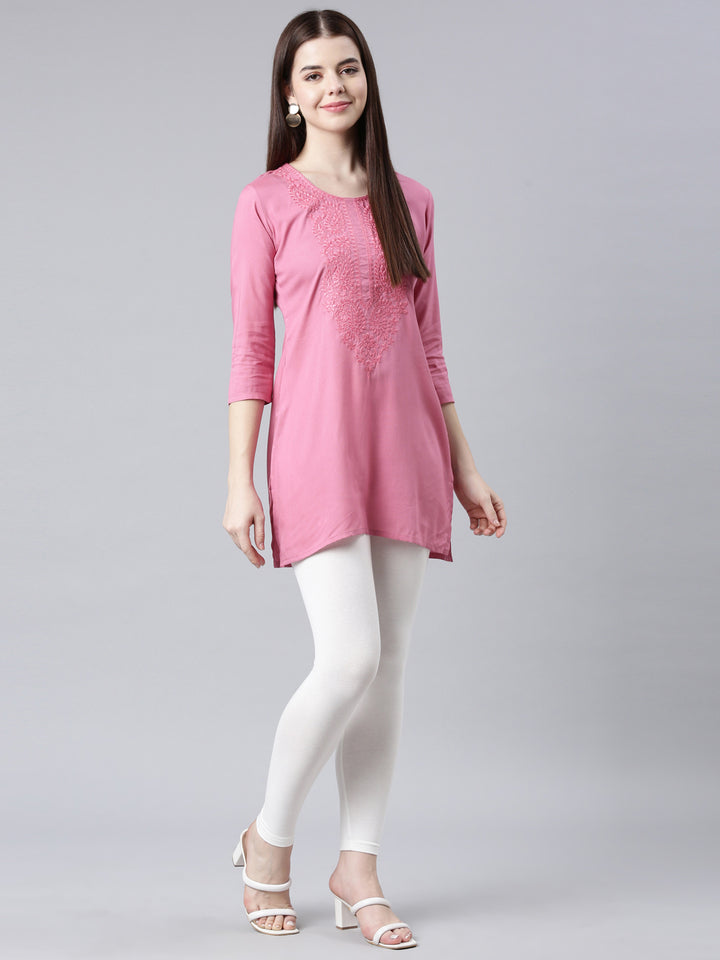 Neerus Pink rayon solid straight kurti - detail view 4