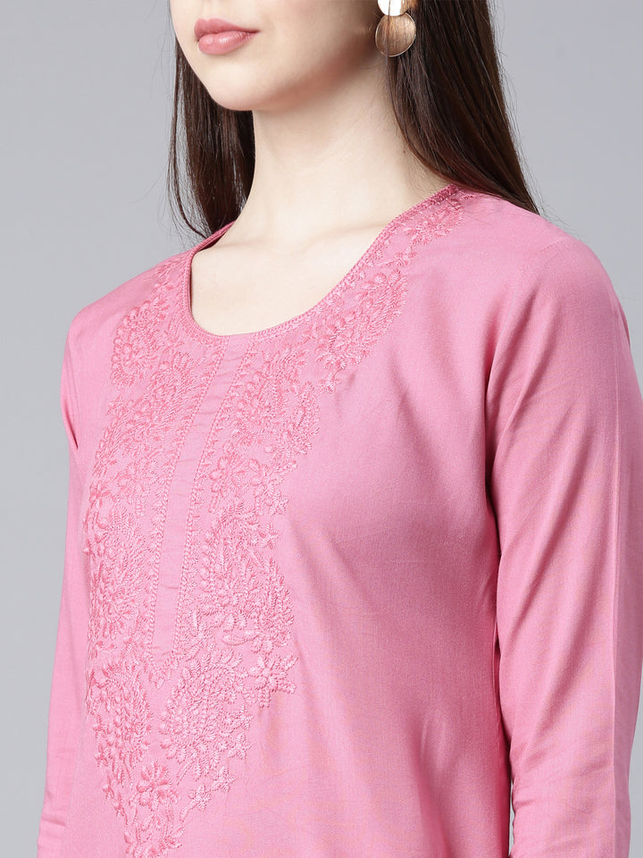 Neerus Pink rayon solid straight kurti - detail view 2