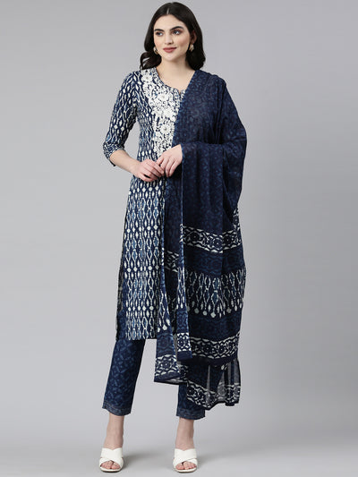 Neerus Blue Regular Straight Printed Kurta And Trousers With Dupatta
